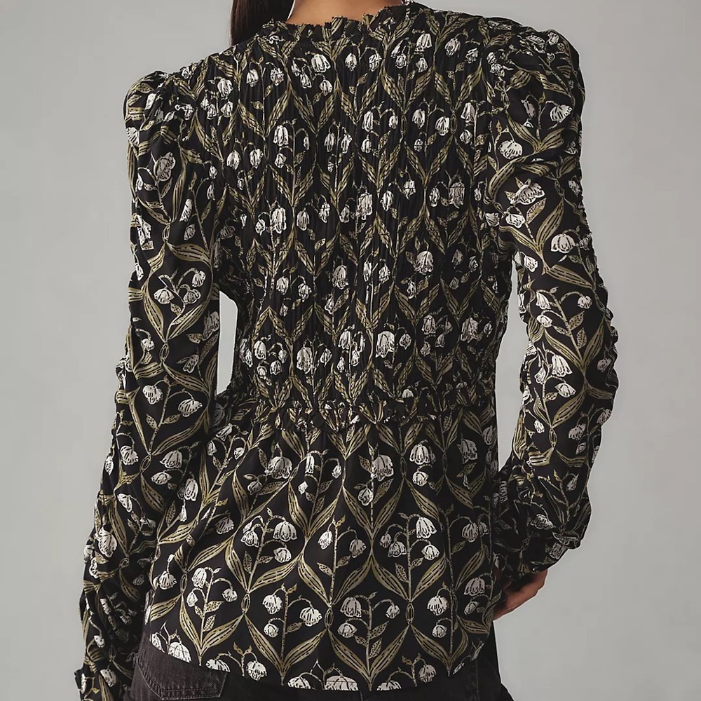 Anthropologie Ruched Sleeve V-neck Black and Green Floral Blouse Fall - XL - Picture 2 of 13